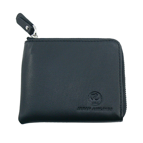 JAL鶴丸 レザーラウンドファスナー財布(黒)【在庫限り】